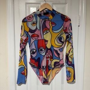 Jolie & Joy Abstract Face Print Mesh Bodysuit‎ Long Sleeve XL Sheer